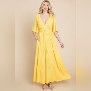Culture Code Backless Plunge Half Sleeve Tiered Dress